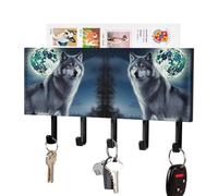 HETPLSD Wolf Under Moon Key Holder for Wall, 5 Hooks Self Adhesive Key Rack with Mail Organizer, PU Leather Entryway Organizer for Keys, Wallet, Mudroom & Bathroom, 7.1"x4.3"