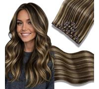 Hetto Clip in Hair Extensions Real Human Hair Dark Brown with Caramel Blonde Invisible Straight Remy Clip in Hair Extensions 5pcs 80g 20 Inch #4/27
