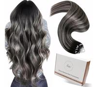 Hetto Micro Beads Hair Extensions 18 Inch Balayage Black to Silver Micro Ring Human Hair Remy Invisible Micro Loop Hair Extensions Natural Straight 50g 50s #1b/s/1b