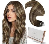 Hetto Micro Beads Hair Extensions 18 Inch Balayage Brown Mix Caramel Blonde Micro Loop Human Hair Heat Resistant Stylable for Curly or Straight DIY Looks 50g 50strands #4/27/4