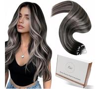Hetto Micro Beads Hair Extensions Balayage Black Mix Silver Micro Rings Hair Extensions for Thin Hair Volume Boost Natural Looking Hairpieces Straight 50g 50strands 14 Inch #1b/s/1b