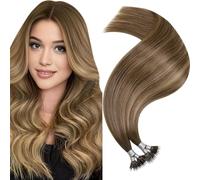Hetto Nano Hair Extensions Real Human Hair Brown Nano Beads Hair Extensions Balayage Light Brown to Dark Blonde Invisible Nano Ring Straight Remy Hair 50g 50s 14 Inch #8/16/8