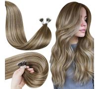 Hetto Nano Hair Extensions Real Human Hair Brown Nano Beads Hair Extensions Balayage Light Brown to Light Blonde Invisible Nano Ring Straight Remy Hair 50g 50s 16 Inch #8/60/8
