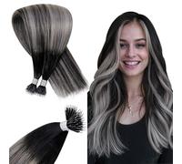 Hetto Nano Hair Extensions Real Human Hair Nano Beads Hair Extensions Balayage Natural Black to Silver 50g 50s Invisible Ring Straight Hair 16 Inch #1b/s/1b