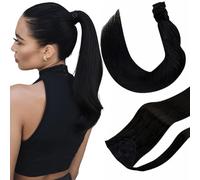 Hetto Ponytail Extension Human Hair Black Clip in Ponytail Hair Extensions Real Human Hair Black Wrap Around Ponytail Hair Extensions Human Hair 12 Inch 70 Gram #1B