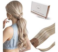 Hetto Ponytail Extension Human Hair Blonde 20 Inch Clip in Ponytail Human Hair Extensions Straight Real Hair Ponytail Extension Ash Blonde Natural Shiny for Party 80g #18/613
