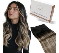 Hetto Sew in Hair Extensions Real Human Hair Weave Brown Weft Remy Straight Natural Black to Light Brown with Dark Blonde Balayage Invisible Double Weft Weave 80g 14 Inch #1b/8/22