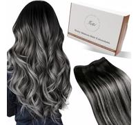 Hetto Sew in Hair Extensions Real Human Hair Weft Extensions Black Mixed with Silver Hair Extensions Sew in Human Hair 14 inch 80G #1B/Silver/1B