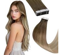 Hetto Tape in Hair Extensions Human Hair Balayage Light Brown to Dark Blonde and White Blonde Tape in Hair Extensions Straight Human Hair Extensions 16 Inch 20 Pieces/50g #8/18/60