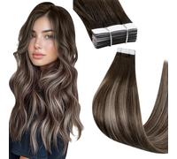 Hetto Tape in Hair Extensions Human Hair Brown Root Ombre to Dark Golden Blonde with Medium Blonde Tape Hair Extensions 24 Inch 20 Pieces/50g #4/18/4