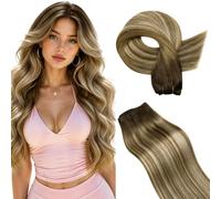 Hetto Weft Hair Extensions Real Human Hair Dark Brown to Light Brown Ombre Blonde - Full Head Thick Weft Sew in Extensions Remy, Versatile for Daily & Party Styling 12 Inch 70g 3/8/22