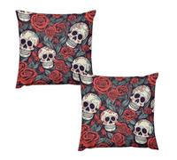 HETVBNS 2 Pack Throw Pillow Covers 18 "x18 Double-Sided Soft Plush Pillowcase Decorative Square Pillows Case Sugar Skulls and Red Roses Pillow Cover for Living Room, Bedroom, Sofa, Car