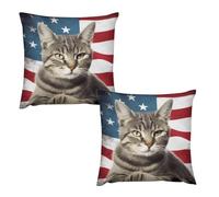 HETVBNS 2 Pack Throw Pillow Covers 18 "x18 Double-Sided Soft Plush Pillowcase Decorative Square Pillows Case Cat USA Flag Pillow Cover for Living Room, Bedroom, Sofa, Car