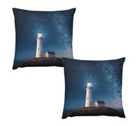 HETVBNS 2 Pack Throw Pillow Covers 18 "x18 Double-Sided Soft Plush Pillowcase Decorative Square Pillows Case Lighthouse Under Starry Night Sky Pillow Cover for Living Room, Bedroom, Sofa, Car