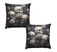 HETVBNS 2 Pack Throw Pillow Covers 22 "x22 Double-Sided Soft Plush Pillowcase Decorative Square Pillows Case Black and White Flowers and Skull Pillow Cover for Living Room, Bedroom, Sofa, Car