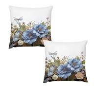 HETVBNS 2 Pack Throw Pillow Covers 22 "x22 Double-Sided Soft Plush Pillowcase Decorative Square Pillows Case Blue Flowers and Dragonfly Pillow Cover for Living Room, Bedroom, Sofa, Car