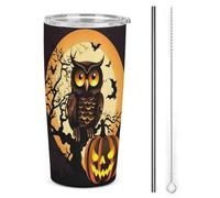 HETVBNS 20 Oz Stainless Steel Tumbler with Straw & Lid, Black Tree Owl Pumpkin Head Vacuum Insulated Coffee Mug, Leakproof Travel Cup for Car