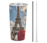 HETVBNS 20 Oz Stainless Steel Tumbler with Straw & Lid, Eiffel Tower with Red Umbrella Vacuum Insulated Coffee Mug, Leakproof Travel Cup for Car