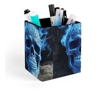 HETVBNS 3D Print Blue Skull Pen Holder for Desk - PU Leather Square Desk Organizer Travel Makeup Brush Storage Stylish Pencil Holder Desktop Stationery Organizer for Office & Home