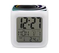 HETVBNS 7-Color Changing Alarm Clock with LED Display, Abstract Circle Swirl Digital Desk Clock Shows Time, Date & Temperature, Night Light for Home Bedroom