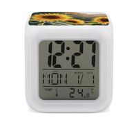 HETVBNS 7-Color Changing Alarm Clock with LED Display, Bee & Sunflowers Digital Desk Clock Shows Time, Date & Temperature, Night Light for Home Bedroom