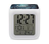 HETVBNS 7-Color Changing Alarm Clock with LED Display, Blue Moon Digital Desk Clock Shows Time, Date & Temperature, Night Light for Home Bedroom