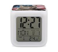 HETVBNS 7-Color Changing Alarm Clock with LED Display, Cat USA Flag Digital Desk Clock Shows Time, Date & Temperature, Night Light for Home Bedroom