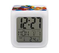 HETVBNS 7-Color Changing Alarm Clock with LED Display, Colorful Building Blocks Digital Desk Clock Shows Time, Date & Temperature, Night Light for Home Bedroom