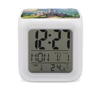 HETVBNS 7-Color Changing Alarm Clock with LED Display, Colorful Castle Digital Desk Clock Shows Time, Date & Temperature, Night Light for Home Bedroom