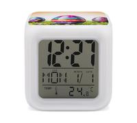 HETVBNS 7-Color Changing Alarm Clock with LED Display, Colorful Easter Egg Digital Desk Clock Shows Time, Date & Temperature, Night Light for Home Bedroom