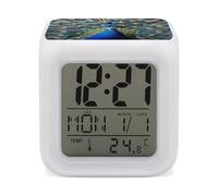 HETVBNS 7-Color Changing Alarm Clock with LED Display, Colorful Peacock Feathers Digital Desk Clock Shows Time, Date & Temperature, Night Light for Home Bedroom
