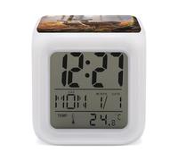 HETVBNS 7-Color Changing Alarm Clock with LED Display, Cute Deers Digital Desk Clock Shows Time, Date & Temperature, Night Light for Home Bedroom