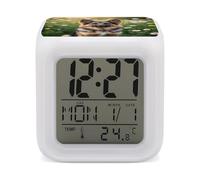 HETVBNS 7-Color Changing Alarm Clock with LED Display, Cute Pet German Shepherd Dog Digital Desk Clock Shows Time, Date & Temperature, Night Light for Home Bedroom