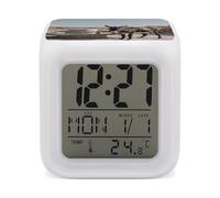 HETVBNS 7-Color Changing Alarm Clock with LED Display, Donkey Pulling Mill Digital Desk Clock Shows Time, Date & Temperature, Night Light for Home Bedroom