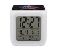 HETVBNS 7-Color Changing Alarm Clock with LED Display, Flag Stars Digital Desk Clock Shows Time, Date & Temperature, Night Light for Home Bedroom