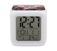 HETVBNS 7-Color Changing Alarm Clock with LED Display, Flamingo Birds on Background Digital Desk Clock Shows Time, Date & Temperature, Night Light for Home Bedroom