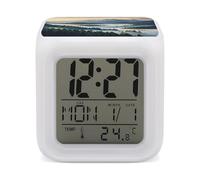 HETVBNS 7-Color Changing Alarm Clock with LED Display, Foggy Mountains Forest Digital Desk Clock Shows Time, Date & Temperature, Night Light for Home Bedroom
