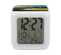 HETVBNS 7-Color Changing Alarm Clock with LED Display, Green Golf Course Digital Desk Clock Shows Time, Date & Temperature, Night Light for Home Bedroom