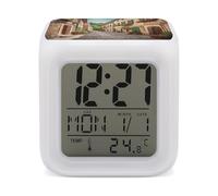 HETVBNS 7-Color Changing Alarm Clock with LED Display, Italy Street Digital Desk Clock Shows Time, Date & Temperature, Night Light for Home Bedroom