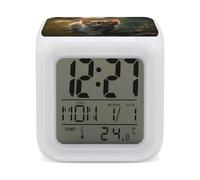 HETVBNS 7-Color Changing Alarm Clock with LED Display, Kitten Walking on The Grass Digital Desk Clock Shows Time, Date & Temperature, Night Light for Home Bedroom