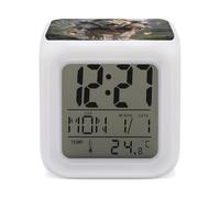 HETVBNS 7-Color Changing Alarm Clock with LED Display, Nine Lions Digital Desk Clock Shows Time, Date & Temperature, Night Light for Home Bedroom