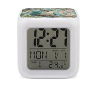 HETVBNS 7-Color Changing Alarm Clock with LED Display, Owl Spring Flowers Turquoise Digital Desk Clock Shows Time, Date & Temperature, Night Light for Home Bedroom