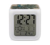 HETVBNS 7-Color Changing Alarm Clock with LED Display, Peacock Pattern Digital Desk Clock Shows Time, Date & Temperature, Night Light for Home Bedroom