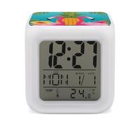 HETVBNS 7-Color Changing Alarm Clock with LED Display, Pineapple Flamingo Digital Desk Clock Shows Time, Date & Temperature, Night Light for Home Bedroom