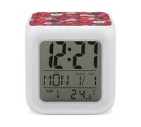 HETVBNS 7-Color Changing Alarm Clock with LED Display, Pink Strawberry Digital Desk Clock Shows Time, Date & Temperature, Night Light for Home Bedroom