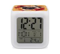 HETVBNS 7-Color Changing Alarm Clock with LED Display, Pug Flower Digital Desk Clock Shows Time, Date & Temperature, Night Light for Home Bedroom