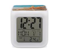 HETVBNS 7-Color Changing Alarm Clock with LED Display, Starfish Seashell Beach Digital Desk Clock Shows Time, Date & Temperature, Night Light for Home Bedroom