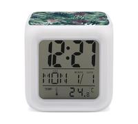 HETVBNS 7-Color Changing Alarm Clock with LED Display, Tropical Leaves Digital Desk Clock Shows Time, Date & Temperature, Night Light for Home Bedroom