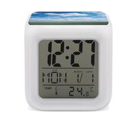 HETVBNS 7-Color Changing Alarm Clock with LED Display, White Clouds Sky Digital Desk Clock Shows Time, Date & Temperature, Night Light for Home Bedroom