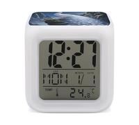 HETVBNS 7-Color Changing Alarm Clock with LED Display, White Peacock and Moon Digital Desk Clock Shows Time, Date & Temperature, Night Light for Home Bedroom